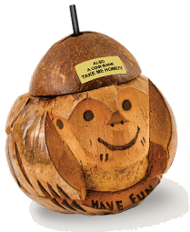 Image of a coconut cup with a carved monkey face with straw at the top