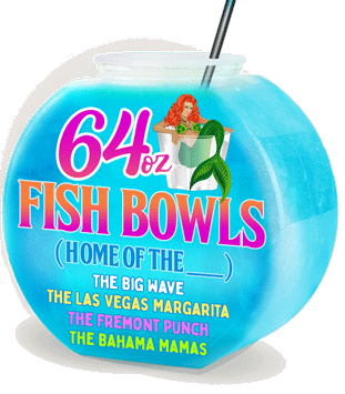 Image of the 64oz Fish Bowl with a blue cocktail and Mickie Finnz logo